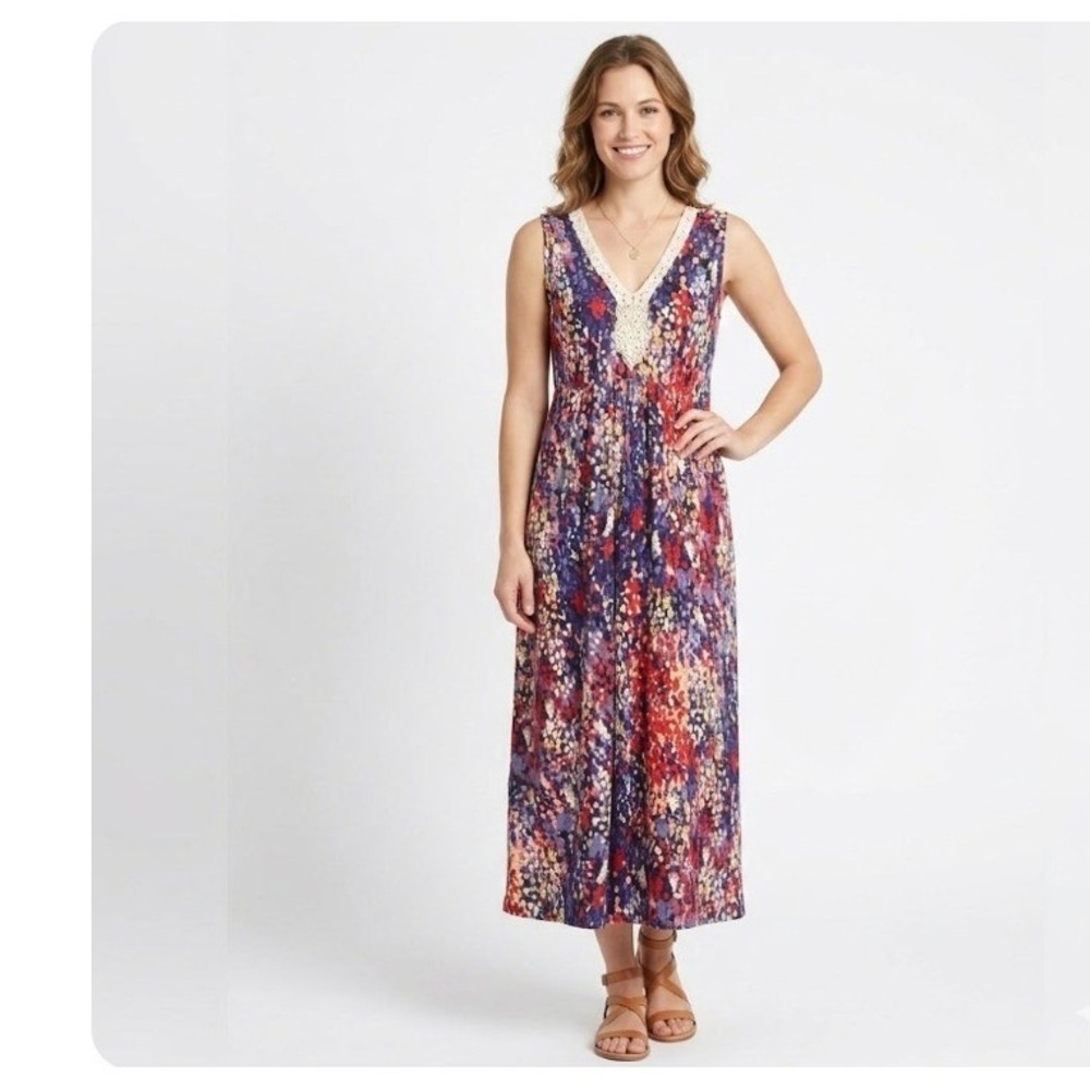 Elle Colorful Lace Detail Embellished V Neck Sleeveless Stretch Maxi Dress 1X